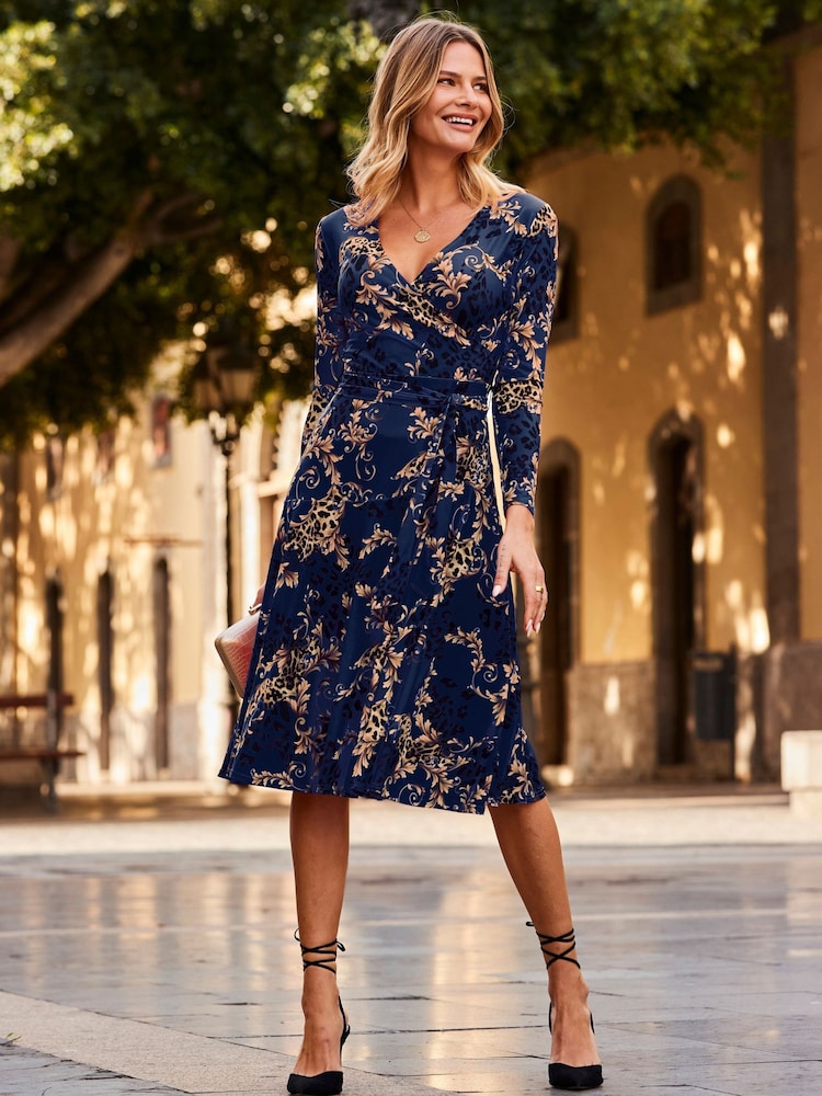 Sosandar Blue Baroque Print Faux Wrap Dress - Image 2 of 5 Sosandar Blue Baroque Print Faux Wrap Dress - Image 2 of 5