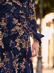 Sosandar Blue Baroque Print Faux Wrap Dress - Image 4 of 5