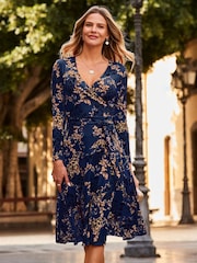 Sosandar Blue Baroque Print Faux Wrap Dress - Image 5 of 5