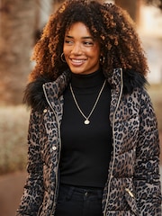 Sosandar Brown Leopard Print Faux Fur Trim Padded Coat - Image 2 of 5