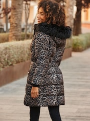 Sosandar Brown Leopard Print Faux Fur Trim Padded Coat - Image 4 of 5