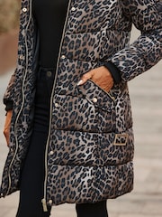Sosandar Brown Leopard Print Faux Fur Trim Padded Coat - Image 5 of 5