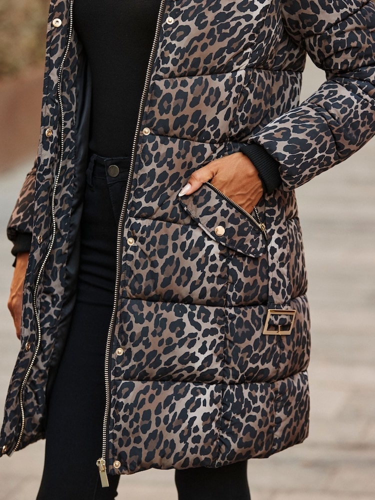 Sosandar Brown Leopard Print Faux Fur Trim Padded Coat - Image 5 of 5 Sosandar Brown Leopard Print Faux Fur Trim Padded Coat - Image 5 of 5