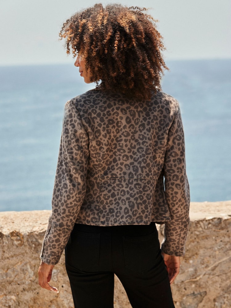 Sosandar Brown Leopard Print Faux Suede Biker Jacket - Image 2 of 5 Sosandar Brown Leopard Print Faux Suede Biker Jacket - Image 2 of 5