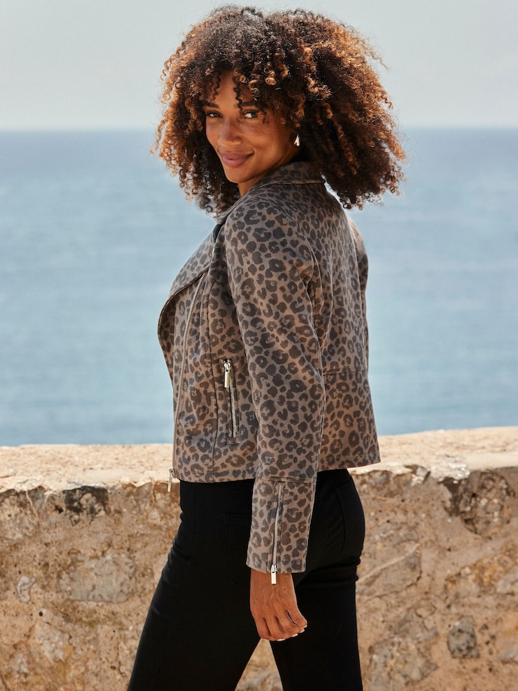 Sosandar Brown Leopard Print Faux Suede Biker Jacket - Image 5 of 5 Sosandar Brown Leopard Print Faux Suede Biker Jacket - Image 5 of 5