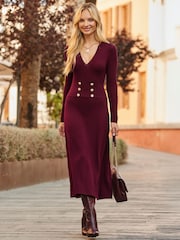 Sosandar Red Button Detail Knitted Midaxi Dress - Image 1 of 5