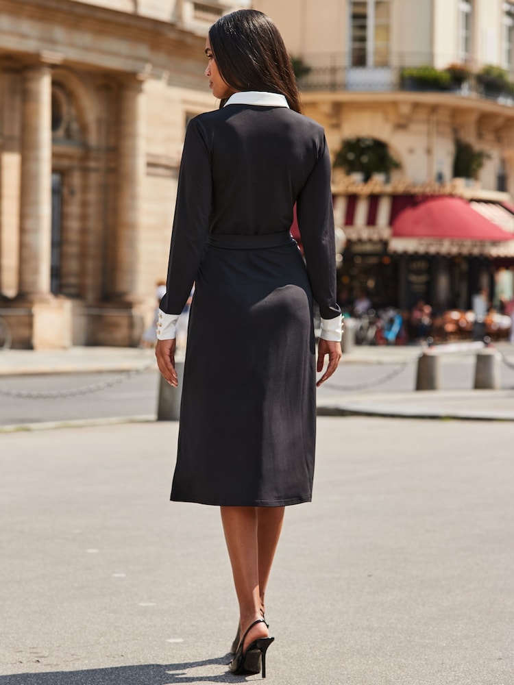 Sosandar Black Contrast Trim Belted Dress - Image 2 of 5 Sosandar Black Contrast Trim Belted Dress - Image 2 of 5