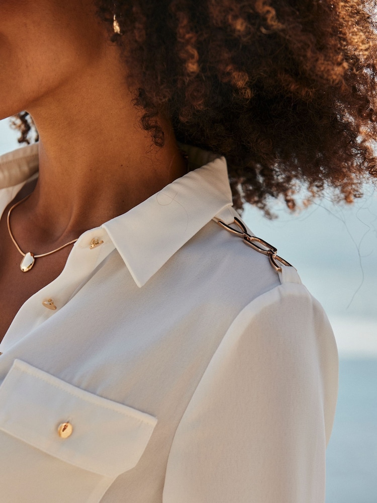 Sosandar White Luxe Gold Detail Fluid Shirt - Image 2 of 5 Sosandar White Luxe Gold Detail Fluid Shirt - Image 2 of 5