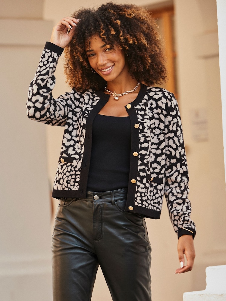 Sosandar Brown Leopard Print Cardigan With Luxe Gold Buttons - Image 1 of 6 Sosandar Brown Leopard Print Cardigan With Luxe Gold Buttons - Image 1 of 6