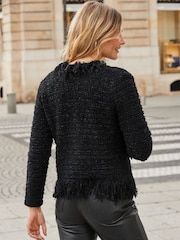 Sosandar Black Fringe Trim Boucle Cardigan - Image 4 of 5