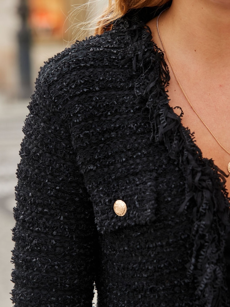 Sosandar Black Fringe Trim Boucle Cardigan - Image 5 of 5 Sosandar Black Fringe Trim Boucle Cardigan - Image 5 of 5