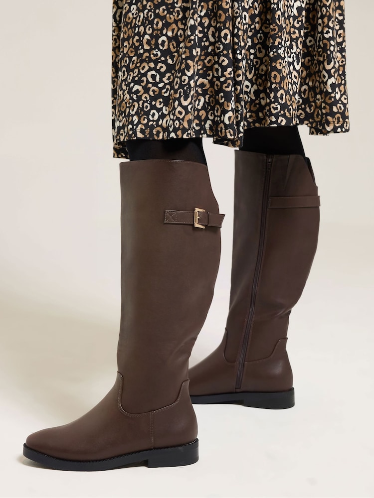 Yours Curve Brown Extra-Wide Fit Metal Buckle Rider Boots - Image 1 of 5
