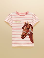 Joules Official Badminton Pink & Cream Stripe Horse Applique T-shirt - Image 1 of 6