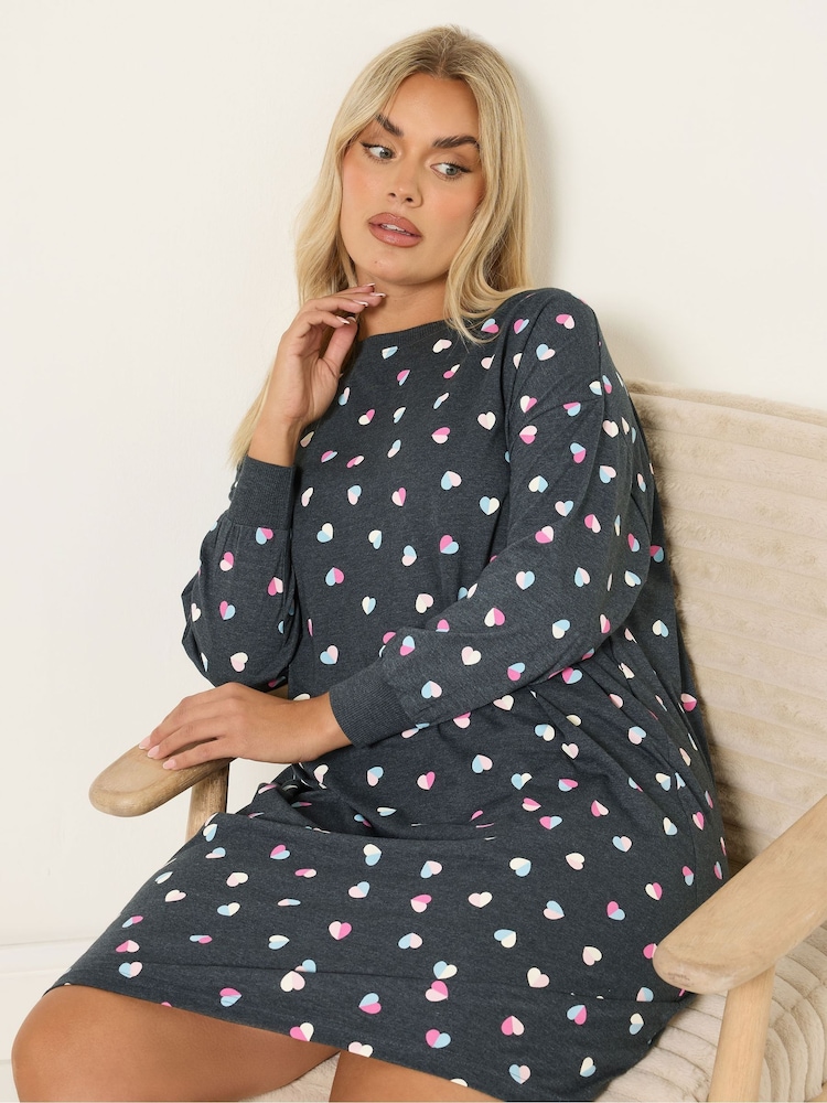 Yours Curve Grey Long Sleeve Nightdress - Image 2 of 5 Yours Curve Grey Long Sleeve Nightdress - Image 2 of 5