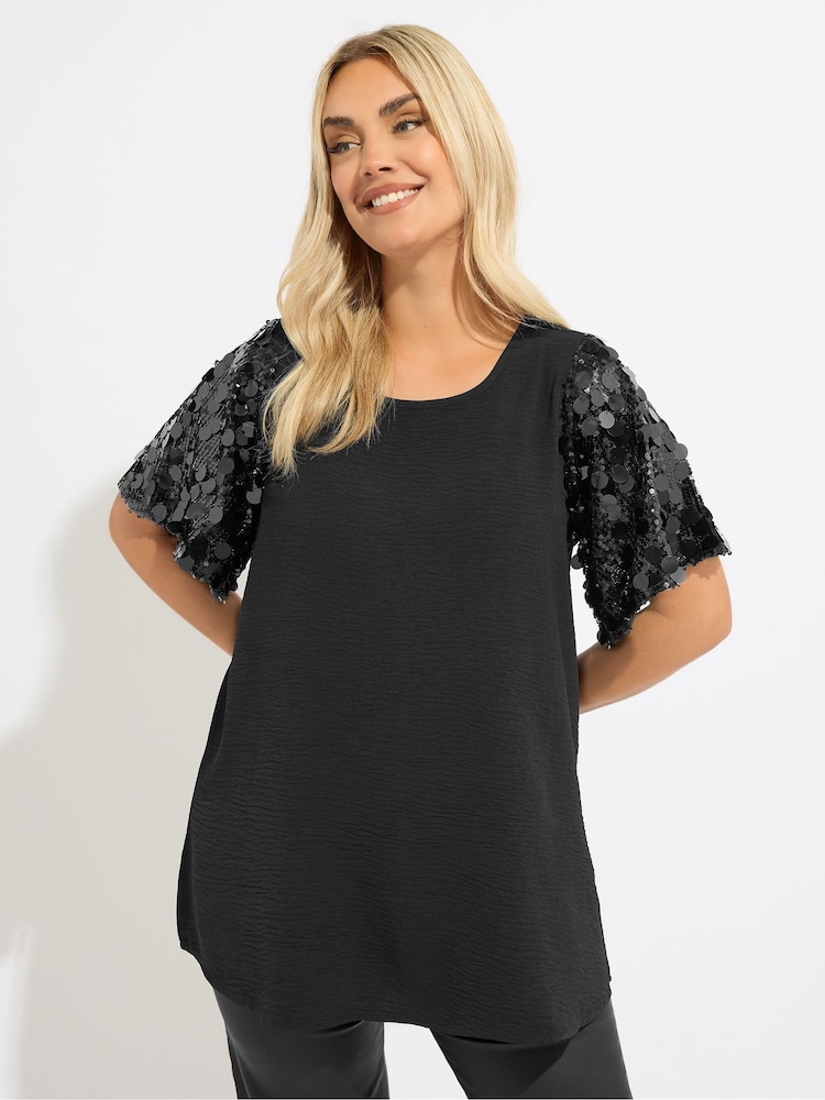 Yours Curve Black Party Sequin Short Sleeve Blouse - Image 1 of 5 Yours Curve Black Party Sequin Short Sleeve Blouse - Image 1 of 5
