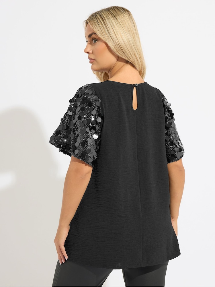 Yours Curve Black Party Sequin Short Sleeve Blouse - Image 2 of 5 Yours Curve Black Party Sequin Short Sleeve Blouse - Image 2 of 5