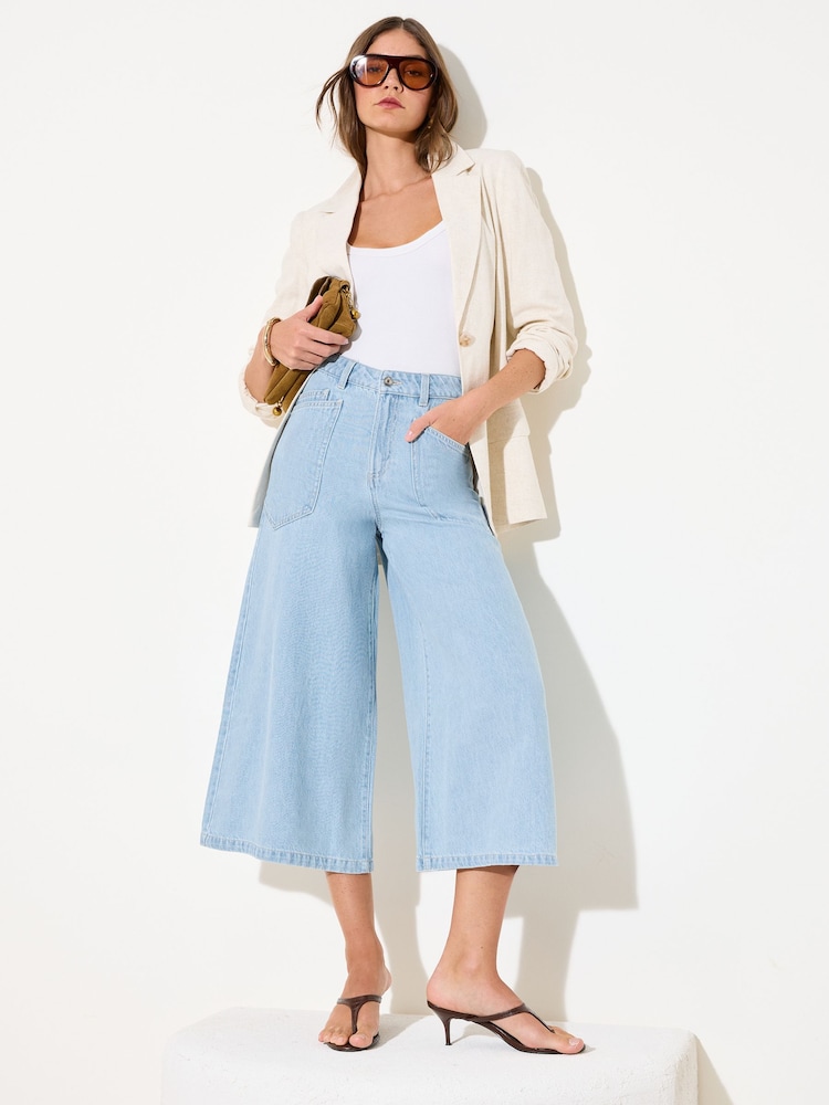 Friends Like These Mid Wash Petite Denim Wide Leg Culotte Jeans - Image 1 of 4