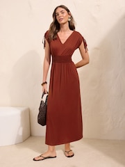 Friends Like These Red V-Neck Shirred Waist Jersey Maxi Dress - Image 1 of 5