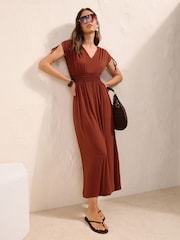 Friends Like These Red V-Neck Shirred Waist Jersey Maxi Dress - Image 2 of 5