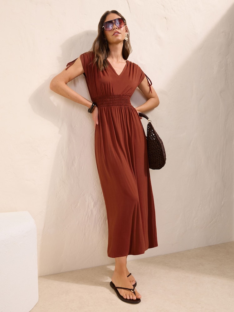 Friends Like These Red V-Neck Shirred Waist Jersey Maxi Dress - Image 2 of 5