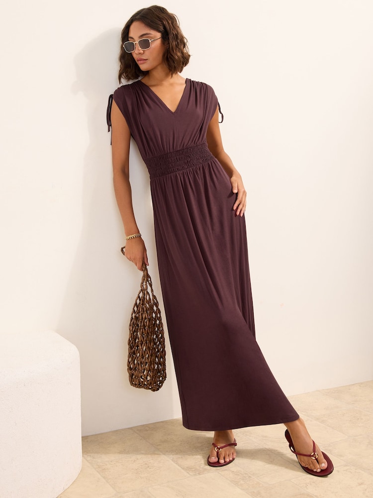Friends Like These Chocolate Brown V-Neck Shirred Waist Jersey Maxi Dress - Image 1 of 4 Friends Like These Chocolate Brown V-Neck Shirred Waist Jersey Maxi Dress - Image 1 of 4