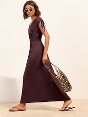 Friends Like These Chocolate Brown V-Neck Shirred Waist Jersey Maxi Dress - Image 3 of 4