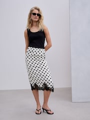 Cream/Black Spot Satin Midi Skirt With Lace Trim - Image 1 of 8