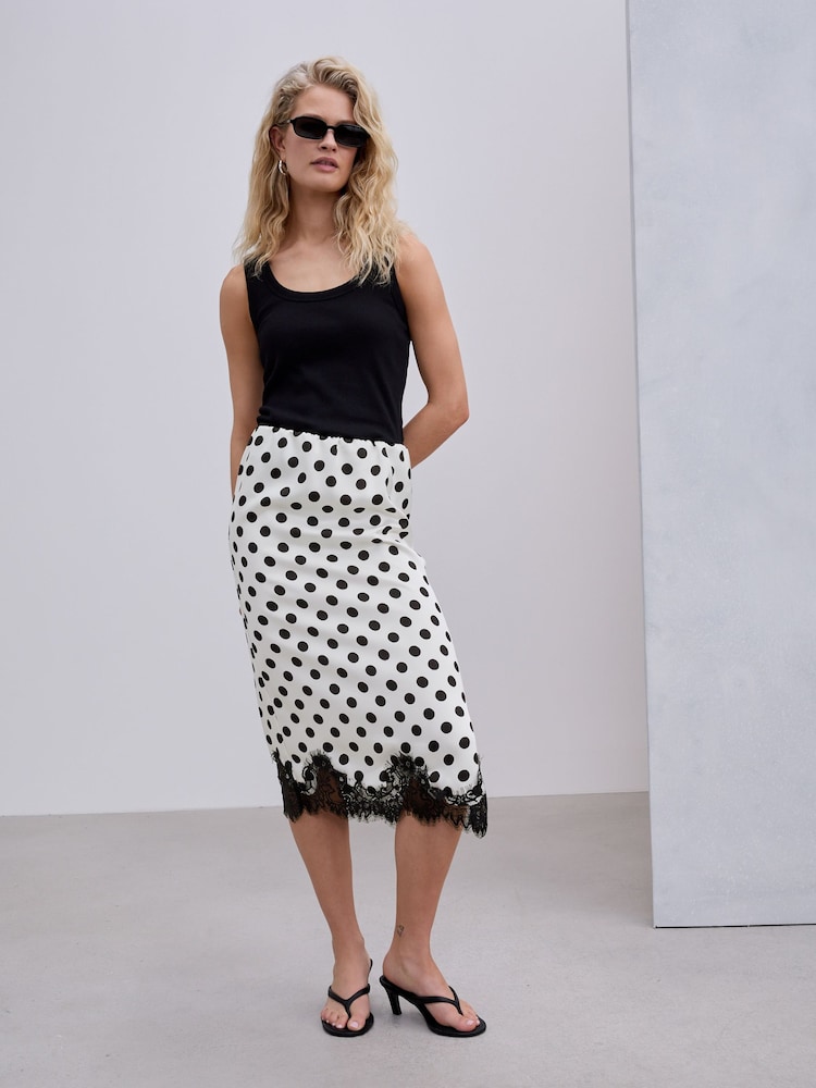 Cream/Black Spot Satin Midi Skirt With Lace Trim - Image 1 of 8