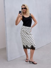 Cream/Black Spot Satin Midi Skirt With Lace Trim - Image 2 of 8