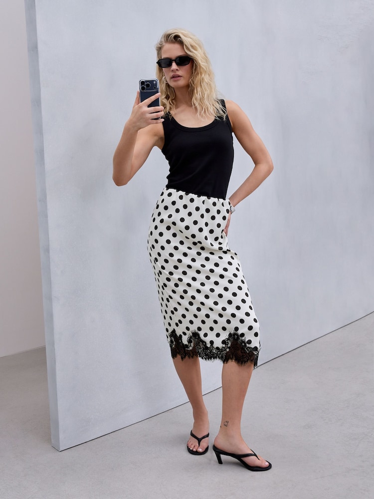 Cream/Black Spot Satin Midi Skirt With Lace Trim - Image 2 of 8