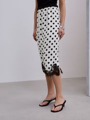 Cream/Black Spot Satin Midi Skirt With Lace Trim - Image 4 of 8