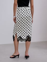 Cream/Black Spot Satin Midi Skirt With Lace Trim - Image 5 of 8