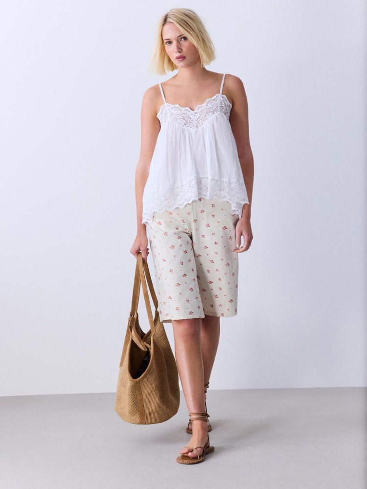 Ecru/Pink Floral Bermuda Cotton Chino Shorts - Image 2 of 8 Ecru/Pink Floral Bermuda Cotton Chino Shorts - Image 2 of 8