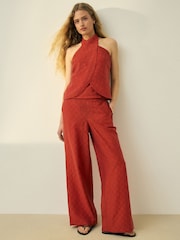 Rust Red Jacquard Checkerboard Wide Leg Trousers - Image 2 of 8