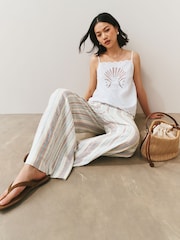 Ecru/Blue/Red Stripe Linen Blend Wide Leg Trousers - Image 2 of 7