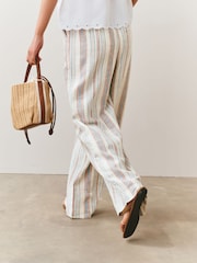 Ecru/Blue/Red Stripe Linen Blend Wide Leg Trousers - Image 3 of 7