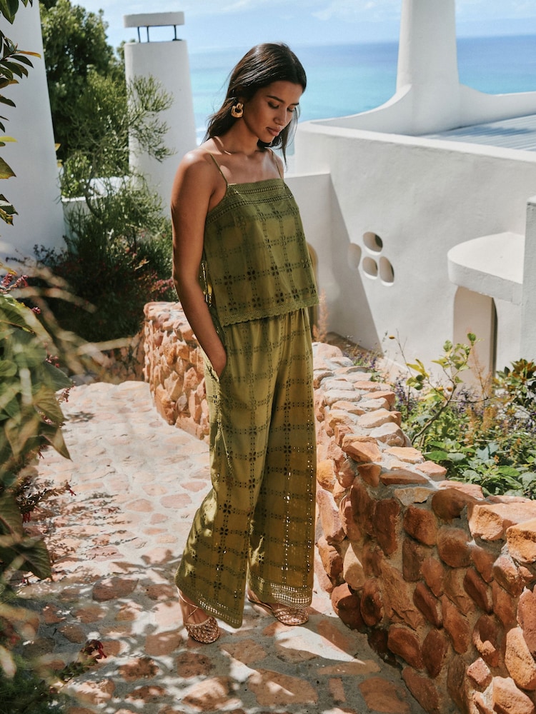 Green Broderie Square Wide Leg Trousers - Image 1 of 10