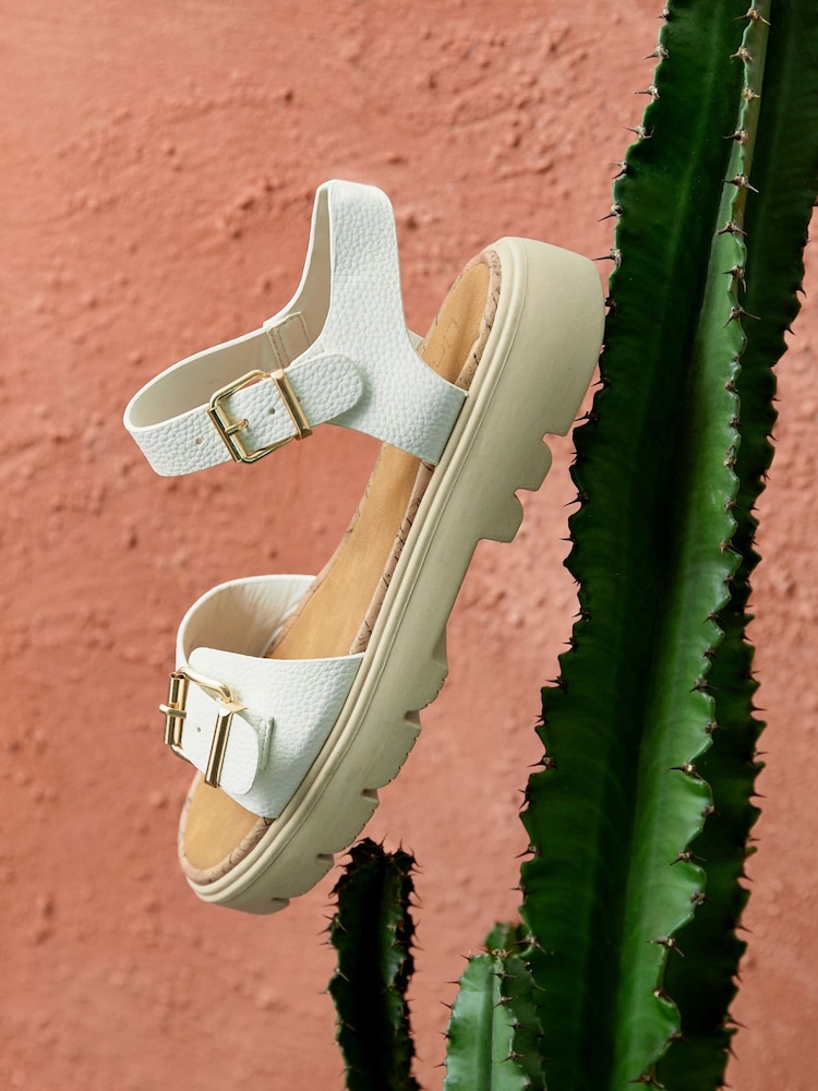 Linzi White Comet Flatform Sandals With Buckle Detail - Image 1 of 5 Linzi White Comet Flatform Sandals With Buckle Detail - Image 1 of 5