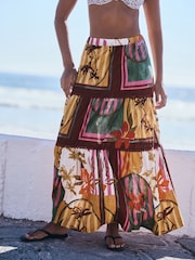 Red/Yellow Floral Print Cotton Tiered Maxi Skirt - Image 4 of 9