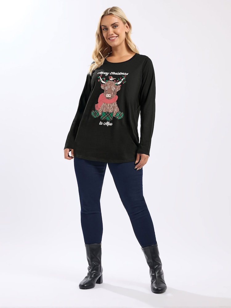 Yours Curve Black Highland Cow Long Sleeve Novelty T-Shirt - Image 2 of 5