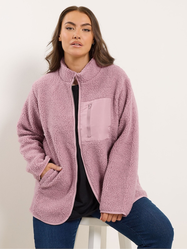 Yours Curve Pink Borg Nylon Pocket Fleece - Image 1 of 5 Yours Curve Pink Borg Nylon Pocket Fleece - Image 1 of 5