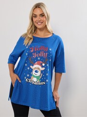 Yours Curve Blue Christmas Holly Jolly Top - Image 1 of 5