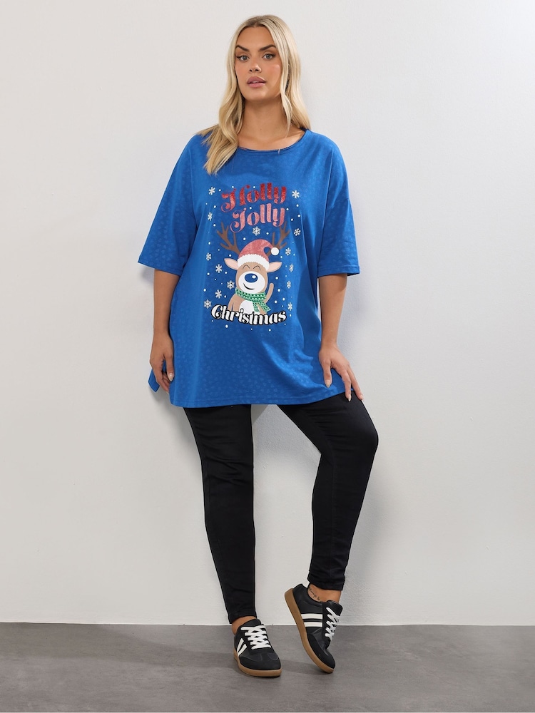 Yours Curve Blue Christmas Holly Jolly Top - Image 2 of 5