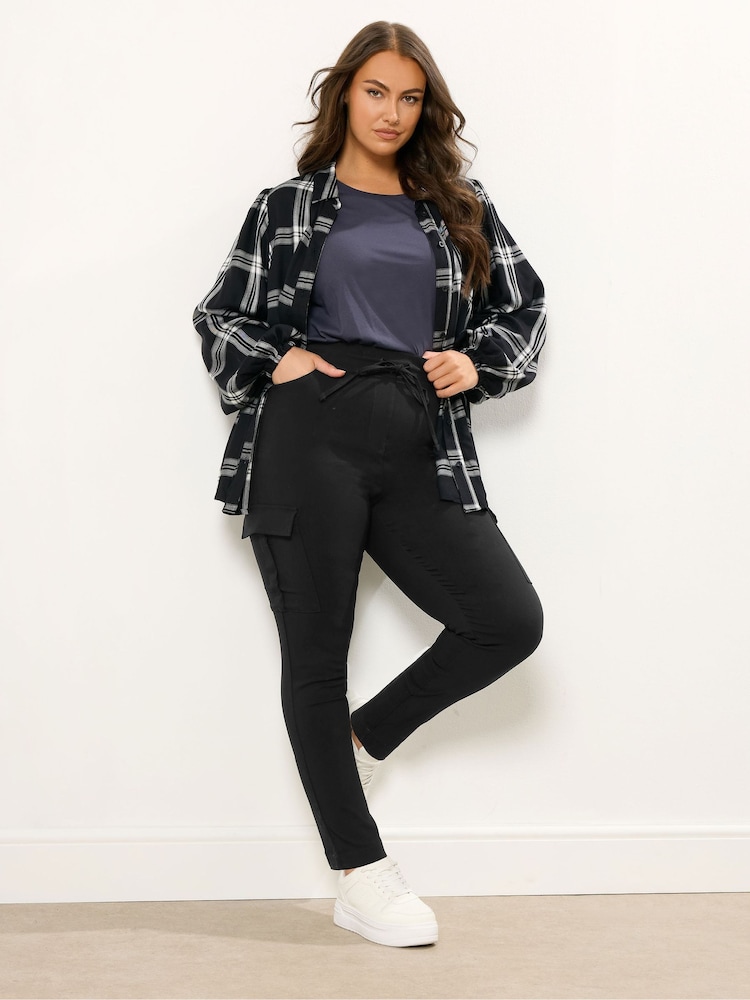 Yours Curve Black Bengaline Cargo Tie Waist Trousers - Image 1 of 5