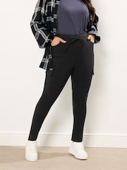 Yours Curve Black Bengaline Cargo Tie Waist Trousers - Image 2 of 5