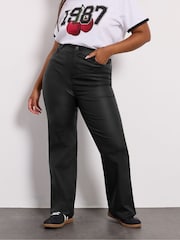 Yours Curve Black Coated Wide Leg Trousers - Image 1 of 6
