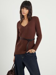 River Island Brown Belted Ribbed Jumper - Image 1 of 4