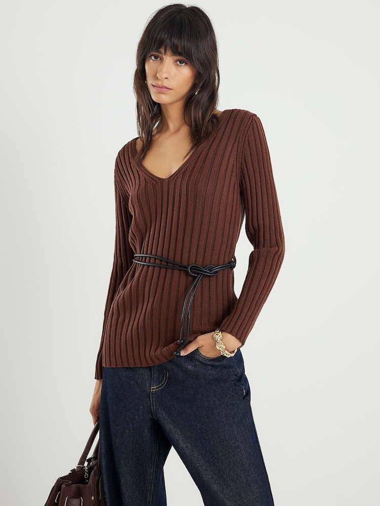 River Island Brown Belted Ribbed Jumper - Image 1 of 4