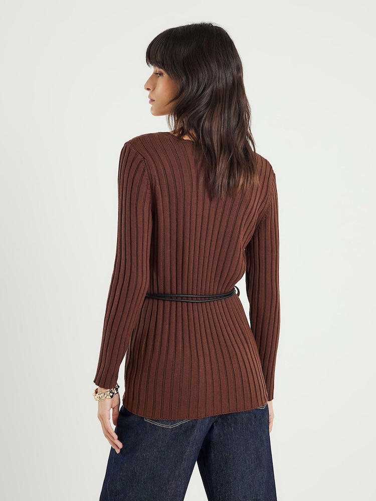 River Island Brown Belted Ribbed Jumper - Image 2 of 4