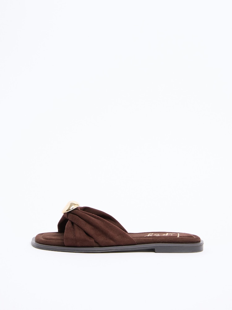 Lipsy Chocolate Brown Faux Suede Hardware Trim Cross Strap Summer Slip-On Sandals - Image 5 of 5
